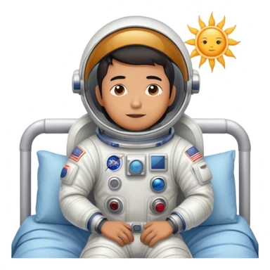 Asian man wearing in astronaut wakeup from the bed with a sun sticker
