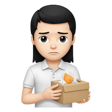 generate a pretty bratz boy with long black hair, wearing a white polo shirt. Looking sad, holding a box of tissues sticker