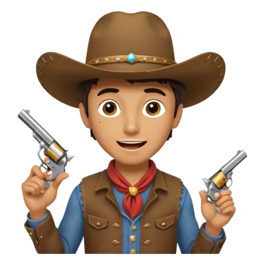 A young cowboy with oversized boots, excited expression, and a tiny toy revolver.
 sticker