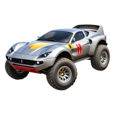 Satan’s RedBull Ferrari -colored Dirty and dented Local Motors Rally Fighter off road race car hot rod trophy truck-style basher flying on a dusty road (silver wheels) sticker