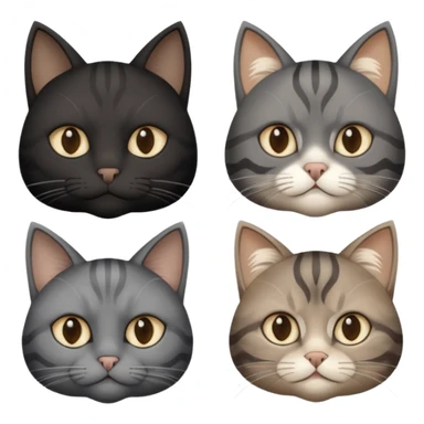 gatto nero con muso zona naso bianco (ricorda la maschera di batman), gatto siberiano grigio e beige mescolato, gatto grigio chiaro con qualche striatura grigio scura, gatto marrone con macchie beige sticker