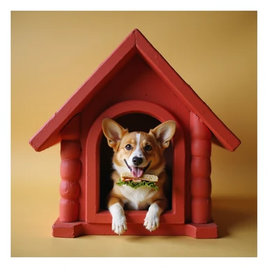 realistic red dog house with a Corgi dog inside, Corgi with a sandwich, photorealistic style sticker