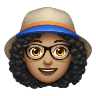 fair skinned woman with black curly hair and Mets hat and glasses sticker