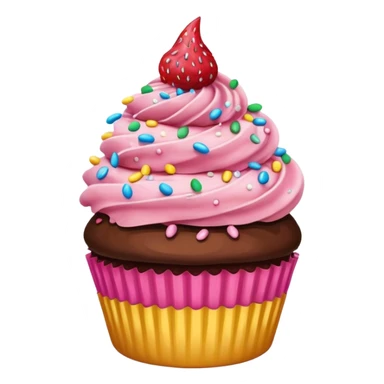 cupcake emoji with strawberry cake batter, chocolate frosting, and colorful fairy sprinkles sticker