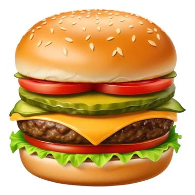 Cinematic juicy cheeseburger, perfectly grilled patty, melted cheese, crisp lettuce, tomatoes, and pickles, soft sesame seed bun, glossy and rich, warm glowing background, ultra-detailed and appetizing. sticker