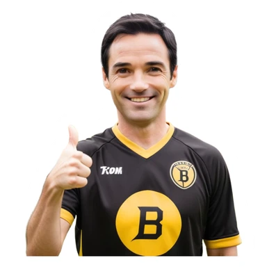 Illustration d’un personnage de style anime/manga, reprenant les traits suivants : homme de 41 ans avec une coupe de cheveux courte et noire légèrement en bataille assez court, des sourcils épais et expressifs, un grand sourire chaleureux avec les yeux plissés. Il porte un maillot de sport noir avec des détails jaunes et un logo sur la poitrine. L’image doit être optimisée pour une émote Twitch, avec un style cartoon épuré et expressif. Le personnage doit lever un pouce vers le haut en signe de validation et de félicitations. À côté de son pouce, l’inscription « GG » doit apparaître en lettres lisibles et dynamiques. L’arrière-plan doit être transparent et l’émote doit conserver une apparence propre et lisible même en petite taille. sticker