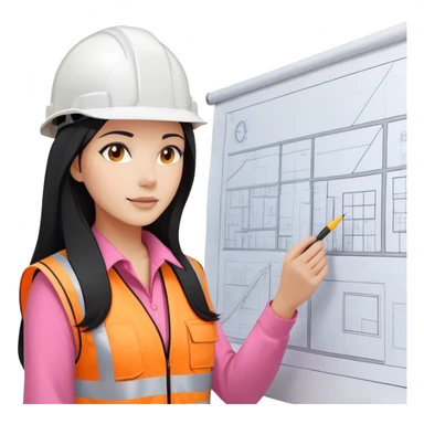 Female civil engineer with long black hair and white helmet wearing pink shirt and an orange safety vest looking at big drawing plan  sticker