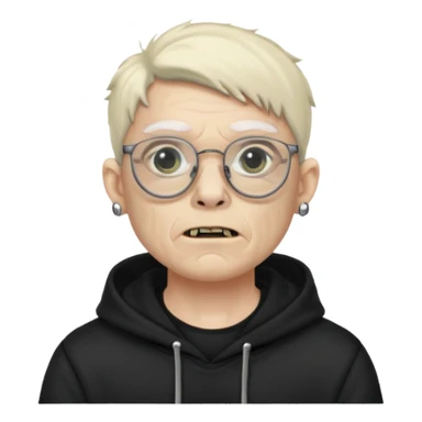 Chico moreno zombie, con gafas y sudadera negra, dos aretes en la oreja izquierda y dos en la derecha, ojeras en los ojos y sticker