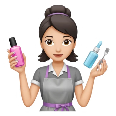 female nail master in grey apron with small gel polish in one hand and nail file in other  sticker