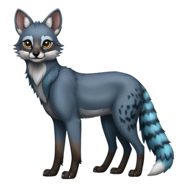 Realistic edgy cute cool bluish greyish blackish whitish silvery coppery Shiny Colorful Dusky Dark Gloomy Glossy Maned-Wolf-Genet-Caracal-Lion-Bobcat-fusion-animal-hybrid-creature, full body, tufted ears, long thin tufted tail sticker