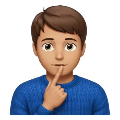man in black knitted sweater in thinking pose, blue eyes brown hair, index finger touching his chin, eyes looking up to the top right sticker
