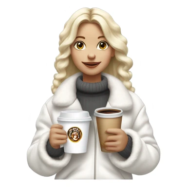 blonde girl wearing white fluffy jacket and a coffee to go in hand all dress white and a white bow on hair sticker