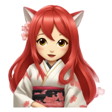 hime gyaru girl, kimono, red hair, kitsune mask sticker