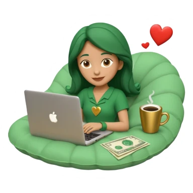 3D clay character relaxed with laptop and coffee, floating icons (envelope, heart, dollar), deep green (#0B3D2C) outfit, gold icons, cream laptop, Pixar style, transparent background sticker