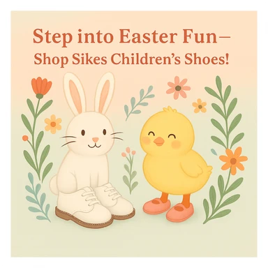 Edit the Easter-themed Instagram post so the rabbit is wearing shoes that closely resemble the provided white children's shoe (classic lace-up style, white leather, brown sole). Keep the pastel background, bunny and chick with shoes, floral accents, and the headline: 'Step into Easter Fun—Shop Sikes Children’s Shoes!'. No logo present. sticker
