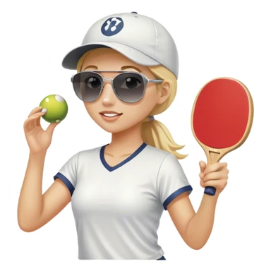 Girl with blond hair in a ponytail wearing a white baseball cap and sunglasses playing pickleball sticker