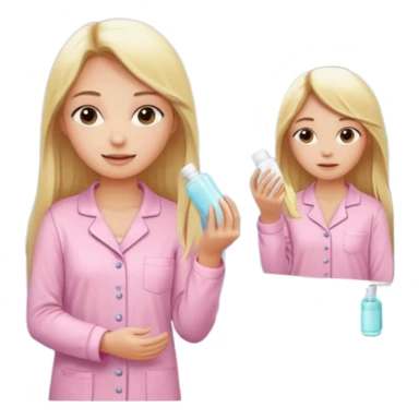 A girl in a light pink pajama is taking care of her skin, doing skincare routines in the bathroom in front of the mirror, her hair is long, blonde, and straight. sticker
