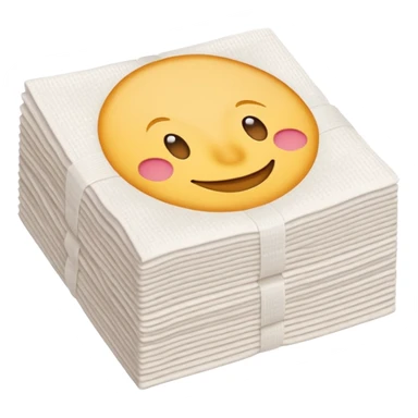 neat stack of soft white paper napkins, square, slightly textured edges, faint embossed border, top napkin slightly lifted, soft lighting, subtle shadows, emoji scale sticker