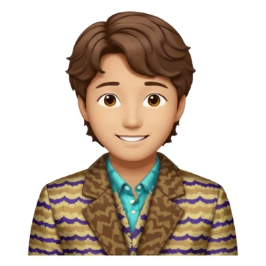 Design a Korean male idol with wavy brown hair, patterned jacket & cheerful smile, inspired by V of BTS. sticker