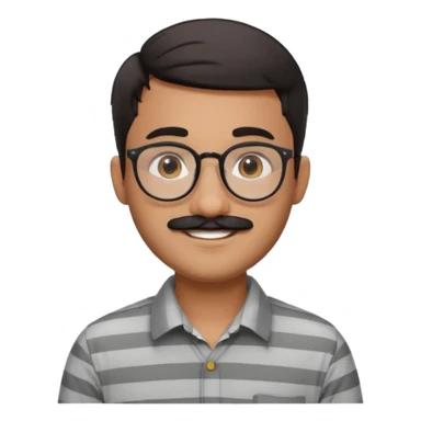 smiling young man with South Asian features, short dark hair, round glasses, thick black mustache, light grey striped collared shirt, cheerful, friendly and approachable, Apple emoji style, no background sticker
