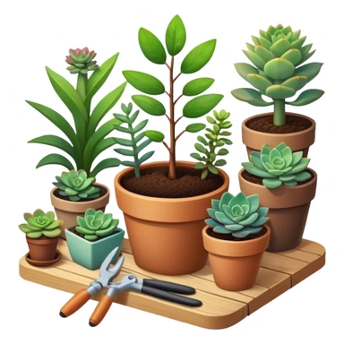 Close-up of a potted sapling in rich soil surrounded by vibrant plants and succulents. Bright sunlight filters through the window, casting soft shadows. Nearby gardening tools rest on a wooden table. Cozy indoor atmosphere with greenery and flowers. sticker