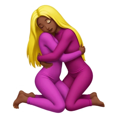 One figure is dark magenta and is kneeling.
	•	The other figure is yellow with long hair and is being held, with their arms around the magenta figure’s neck.
	•	The yellow figure’s legs wrap around the magenta figure’s waist, suggesting a close, intimate embrace. sticker