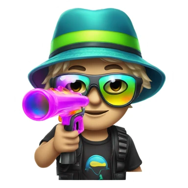 Caucasian boy in glowing rave gear with sunglasses and mask and hat and shooting a bubble gun sticker
