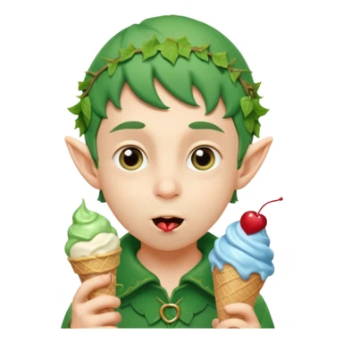 
A young elf boy in leafy clothes licking a triple-scoop ice cream with wide eyes.


A playful forest elf sitting on a log, balancing a huge ice cream tower in one hand.




 sticker