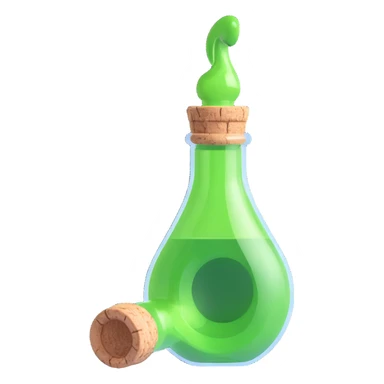 very realistic 3D transparent glass bottle with a cork, bottle shape clearly resembling a human ear, green elixir inside, no text sticker