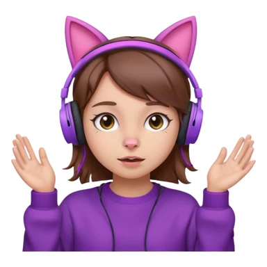 une fille avec des écouteurs de chat rose et des cheveux brun qui fais une grimasse chandaille mauve sticker