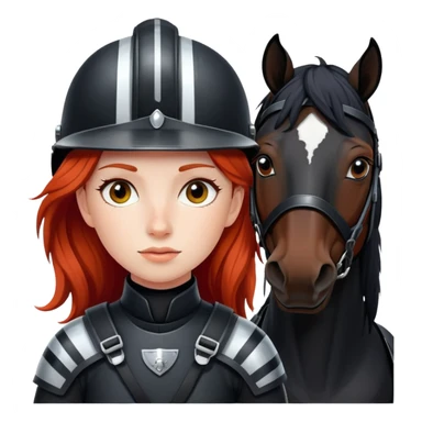 A red-haired girl with a helmet with a black horse with a white stripe on her face and a black mane sticker