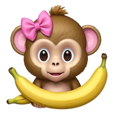 monkey with a pink bow on its head  and a banana sticker