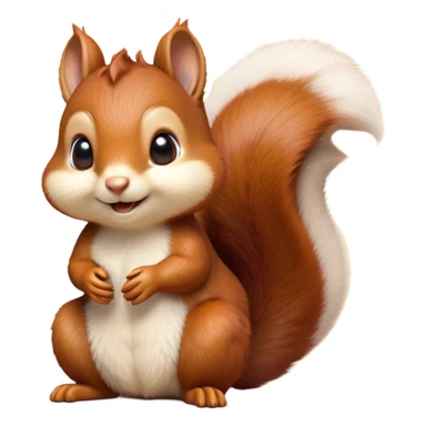 Cinematic Cute Squirrel Portrait Emoji, Head tilted playfully and inquisitively, featuring a fluffy, vibrant auburn Fur with a delicate cream belly and a bushy tail, round, sparkling eyes filled with curious mischief, Simplified yet irresistibly adorable features, highly detailed, glowing with a warm, friendly glow, high shine, affectionate and lively, stylized with a touch of woodland whimsy, bright and endearing, soft glowing outline, capturing the essence of a mischievous yet loving squirrel, so playful it feels like it could leap out of the screen and into your arms! sticker