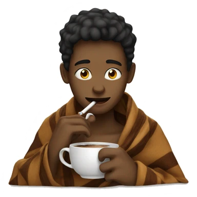 Boy inside a blanket sipping coffee while smoking sticker