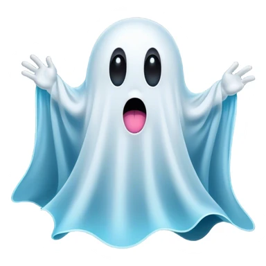 A hilariously exaggerated floating sheet ghost, its simple yet expressive form billowing with animated energy in vibrant whites and pale blues, with two wide, comically shocked eyes and a quirky, startled mouth, simplified yet overflowing with personality, highly detailed with a soft neon-like glowing outline, capturing the playful absurdity of a ghost caught off guard! sticker