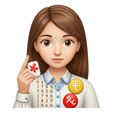 A Ukrainian girl with brown hair wearing an embroidered shirt holds mathematical symbols in her hand sticker