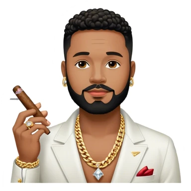 portrait of a Josh king Madrid in black with a gold private plane behind him . Wearing big sparkly diamond earrings and diamond chains on with a cigar in his mouth. Light black clean perfect lined up thin-beard . Looks unfazed cool sticker