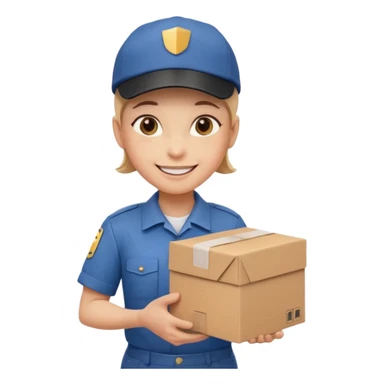  delivery worker holding a cardboard package. Wearing a cap and uniform shirt, smiling expression. Rounded, glossy, smooth, soft shadows, white background.




 sticker