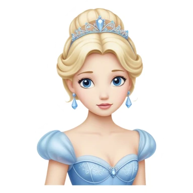 Cinematic Realistic Cinderella Portrait, depicted with lifelike porcelain skin, elegantly styled blonde hair, and a serene, graceful expression. Dressed in her classic ball gown with intricately detailed fabric textures and delicate pastel hues that catch soft, natural lighting, this portrait captures the timeless beauty of a fairy tale princess. sticker