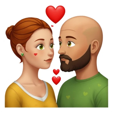 Couple. Bald man with dark brown-black beard. Woman with freckles, white skin and she has auburn-yellow-brown-hair. She has light yellow-green-brown eyes. He have hazel eyes. They look at each other. Many small red hearts around them. sticker