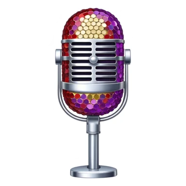 Create a glamorous and vibrant emoji representing stage vocal performance. The design should feature a humanless collage of classic vintage microphone, stage costume covered in rhinestones, sparkling brightly. The costume should be stylized, with glittering elements like sequins and sparkles, and reflect the glitzy, extravagant nature of show business. The microphone should have a sleek, retro look with chrome or metallic accents. Use rich, dazzling colors like gold, silver, deep purple, and bright red to evoke the glamorous, larger-than-life feel of a stage performance. The background should be transparent. sticker