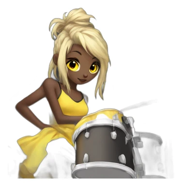 cute punk girl in yellow dress dark skin with yellow eyes and dark curvy hairs drummer anime style sticker
