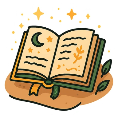 cute open book lying on a cozy surface, designed in a soft and magical color palette: golden orange (FA9B41), deep forest green (4A7C5C), warm taupe brown (96775A), and pastel peach (FFCC9A). The pages are slightly aged with gentle curves, featuring whimsical illustrations, tiny stars, and elegant handwritten text. The book cover, visible beneath the open pages, has decorative patterns and a ribbon bookmark in peach and green tones. Around the book, add soft light, a few leaves, or glowing sparkles, creating a dreamy, enchanted, storybook-like atmosphere. The overall mood is warm, magical, and gentle sticker