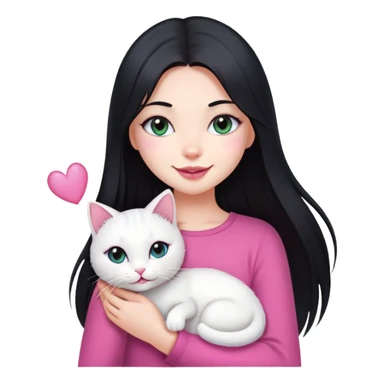 a girl with long black straight hair, small pink lips with a bright smile, sharp slit eye that disappear when she smile, and holding a white pretty cat sticker