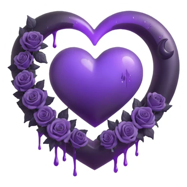 3D emoji gothic heart, purple glass, crescent moon with dripping effect, black roses in a heart shape, faint lightning, misty rain, cracked glass with misty glow sticker