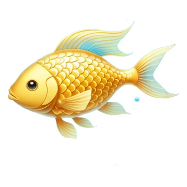 Ethereal golden fish in the shape of an omega symbol, radiating gentle waves of energy that flow toward a glowing brain and heart. The fish appears translucent and luminous, with scales that shimmer with healing properties, all suspended in a dreamy blue atmosphere. sticker