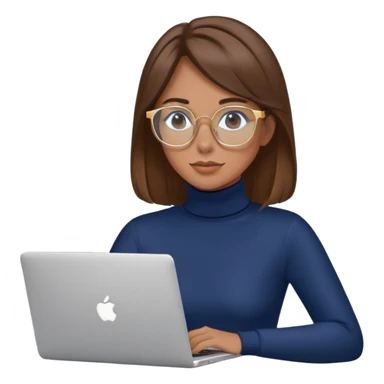 Woman with brown hair wearing navy blue turtleneck, gold hoops and blue screen glasses typing on laptop sticker