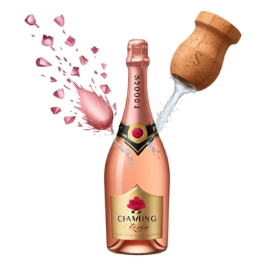 bottle of sparkling rosé champagne with a rose logo on the label, with a cork exploding out from the top, tilted up and to the left, no glass sticker