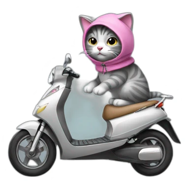 A gray stuffed cat. This cat is wearing a sleeveless sweater with a pink hood. He rides a manual scooter. sticker