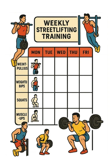 a streetlifting training sheet with icons for each exercise—weighted pull-ups, weighted dips, squats, muscle-ups—organized in a weekly schedule. Around the sheet, small illustrations show athletes performing each movement with proper form. The color palette is bold and energetic, and the background is clean and minimal. sticker